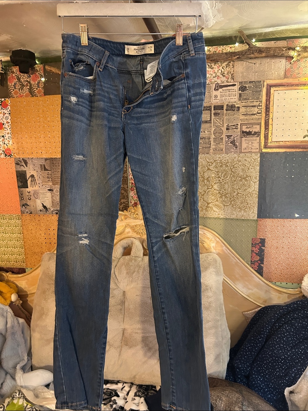 Abercrombie & Fitch Women's Distressed Dark Blue Straight Leg Jeans